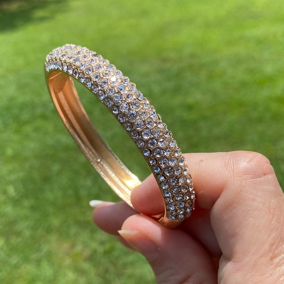 Crystal adorned gold tone hinge bangle bracelet - Picture 15 of 16